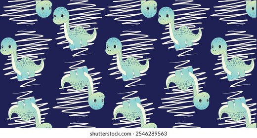Seamless pattern with cute cartoon dinosaur. Vector illustration for gift bags, children's textiles, packaging and other creative projects.