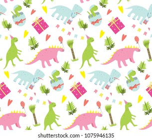 Seamless pattern with cute cartoon dinosaurs and party elements. Vector illustartion for your design.