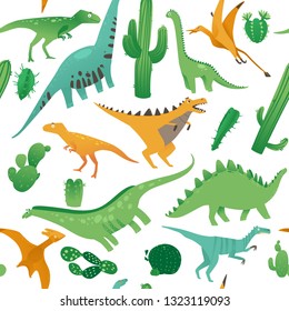 Seamless pattern with cute cartoon dinosaurs in flat style. Prehistorical dinosaurs and plants on a seamless pattern. Isolated vector illustration on white background.