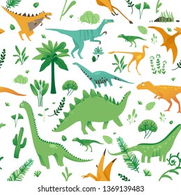 Seamless pattern with cute cartoon dinosaurs, plants and in flat style, vector illustration.