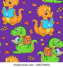 Seamless pattern with cute cartoon dinosaurs reading books, falling leaves around on purple background