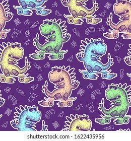 Seamless pattern with cute cartoon dinosaurs, decorative elements. vector. Design for fabric, print, textile, wrapping paper.