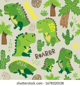 Seamless pattern with cute cartoon dinosaurs. Vector illustration.