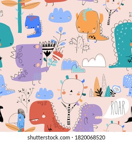 Seamless pattern with cute cartoon dinosaurs on pink background