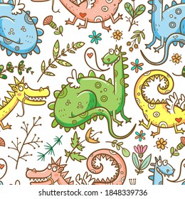 Patrón sin foco con lindos dinosaurios de dibujos animados y plantas sobre fondo blanco. Impresión floral. Restos divertidos en la pradera. Afiche del doodle de hierbas.