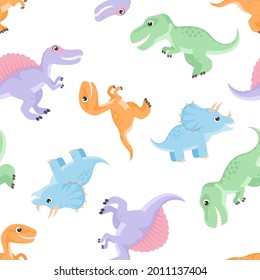 Seamless pattern with cute cartoon dinosaurs. Funny velociraptor, Tyrannosaurus, Triceratops, and Spinosaurus. Vector simple flat illustration. Children's background.