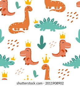 Seamless pattern with cute cartoon 
dinosaurs on a white background. Vector Print for clothes, fabric, textile, nursery posters, gift wrapping paper, napkins, utensils,  tablecloths, lunch boxes.
