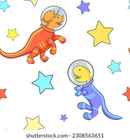 Seamless pattern with cute cartoon dinosaurs astronauts and colorful stars on white background. Vector illustration.