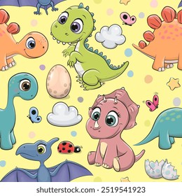 Seamless Pattern with Cute Cartoon dinosaurs isolated on a yellow background