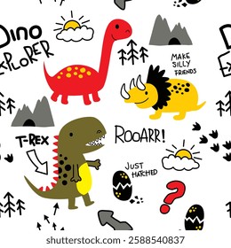 Seamless pattern of cute cartoon dinosaurs, eggs, and doodle text with playful elements. Kids illustration concept
