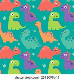 Seamless pattern with cute cartoon dinosaurs in bright colors on a green background. Fun prehistoric animal design for childrens prints, textiles, wallpapers, and decorations.