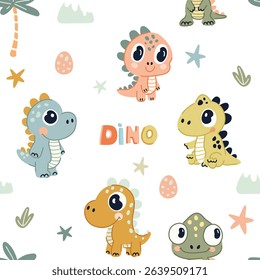 Seamless pattern with cute cartoon dinosaurs on white background. Ideal for children's design, vector flat style