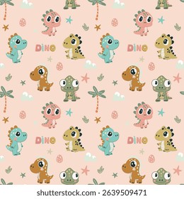Seamless pattern with cute cartoon dinosaurs on pink background. Perfect for children's design, vector flat style