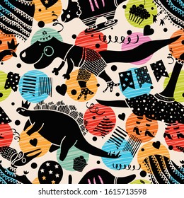 Seamless pattern with cute cartoon dinosaurs.Vector. Design for fabric, print, textile, wrapping paper.	
