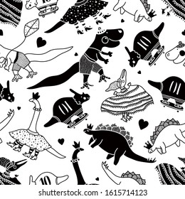 Seamless pattern with cute cartoon dinosaurs.Vector. Design for fabric, print, textile, wrapping paper.