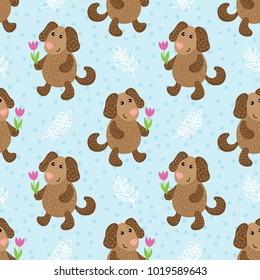 Seamless pattern with cute cartoon dog vector illustration