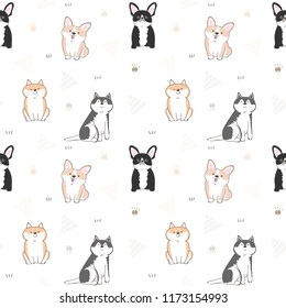 Seamless Pattern with Cute Cartoon Dog Illustration on White Background