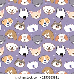 Seamless Pattern with Cute Cartoon Dog Face Design on Deep Violet Background