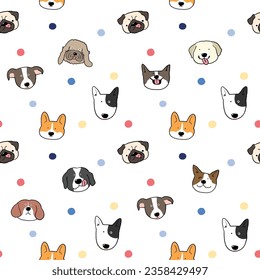 Seamless Pattern of Cute Cartoon Dog Face and Dot Design on White Background