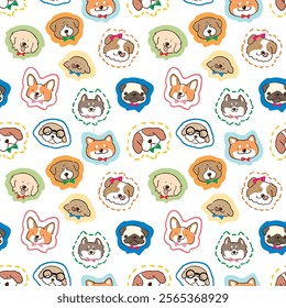 Seamless Pattern with Cute Cartoon Dog Face Design on White Background. Hand Drawn Vector Illustration. Not AI Generated.
