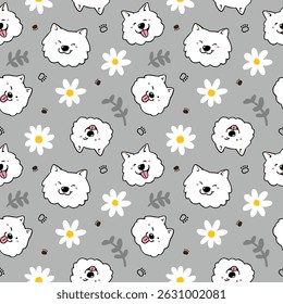 Seamless Pattern with Cute Cartoon Dog Face and Flower Design on Grey Background.Hand Drawn Vector Illustration. Not AI Generated.