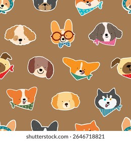 Seamless Pattern with Cute Cartoon Dog Face Design on Brown Background. Hand Drawn Vector Illustration. Not AI Generated.