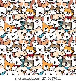 Seamless Pattern of Cute Cartoon Dog Illustration. Hand Drawn Vector Illustration. Not AI Generated.