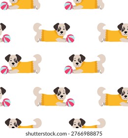 Seamless pattern with cute cartoon dog playing with ball, flat vector style, minimal design, soft pastel colors, isolated on light background, repeating pattern, clean shapes, playful 