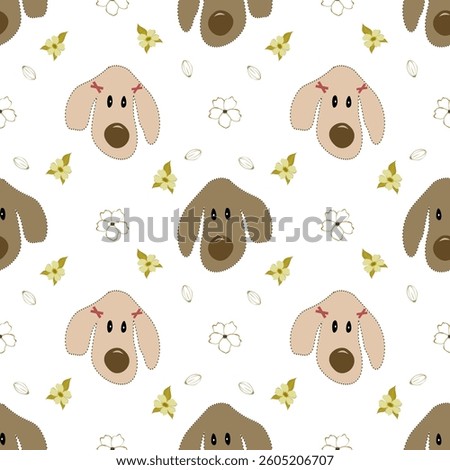 Seamless Pattern with Cute Cartoon Dog Faces, Flowers and Butterflies on White Background