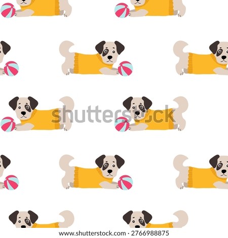 Seamless pattern with cute cartoon dog playing with ball, flat vector style, minimal design, soft pastel colors, isolated on light background, repeating pattern, clean shapes, playful 