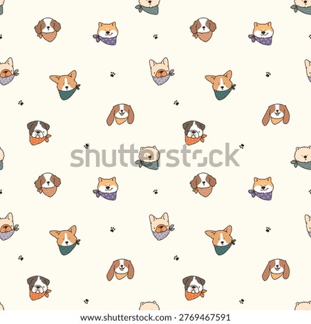 Seamless Pattern with Cute Cartoon Dog Face Design on Light Yellow Background. Hand Drawn Vector Illustration. Not AI Generated.