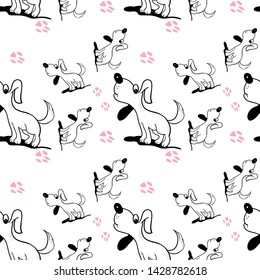 Seamless pattern, cute cartoon doggy, fabric design for kids, cartoon character, vector drawing