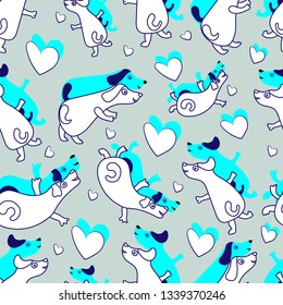 Seamless pattern with cute cartoon dogs   and hearts on the grey background
