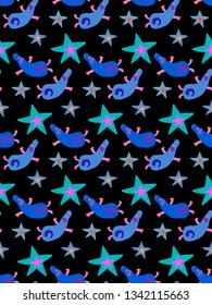 Seamless pattern with cute cartoon dogs  in blue and stars on the black background