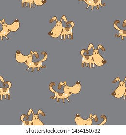 Seamless pattern with cute cartoon dogs on  gray  background. Funny puppies. Happy animals. Vector illustration for kids. Contour colorful image.