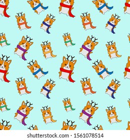 Seamless pattern with cute cartoon dogs breed Welsh Corgi Pembroke on white background. Birthday gifts, balloons, sweets and party hats. Children's illustration. Vector little puppies.