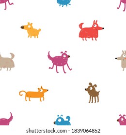 Seamless pattern with cute cartoon dogs on white background. Funny  colorful animals. Joyful vector puppies.