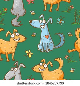 Patrón sin foco con lindos perros de dibujos animados de fondo verde. Los cachorros divertidos están caminando por la naturaleza. Impresión con animales alegres. Papel tapiz de doodle vectorial.