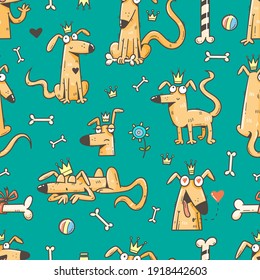 Seamless pattern with cute cartoon dogs and bones on green background. Line art funny animals print. Doodle puppies wallpaper. Childrens illustration poster.