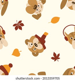 Patrón sin foco de adorables perros de dibujos animados con hojas de otoño en el fondo amarillo. Perros con bufanda, gafas y audífonos.