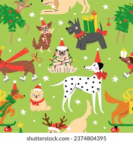 Seamless pattern with Cute cartoon dogs wearing different Christmas outfits.  Hand drawn vector illustration. Funny xmas background.