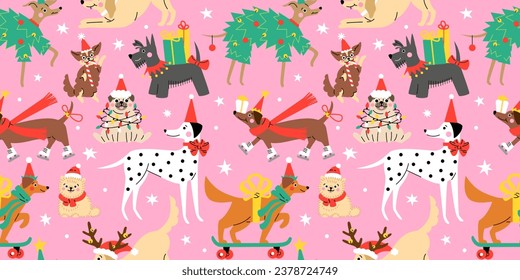 Seamless pattern with Cute cartoon dogs wearing different Christmas outfits on pink.  Hand drawn vector illustration. Funny xmas background.