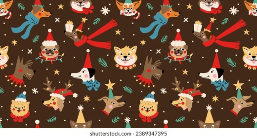 Seamless pattern with Cute cartoon dogs wearing different Christmas hats.  Hand drawn vector illustration. Funny xmas background.