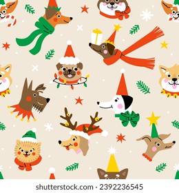 Seamless pattern with Cute cartoon dogs wearing different Christmas hats.  Hand drawn vector illustration. Funny xmas background.