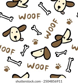 Seamless pattern with cute cartoon dogs doodle.