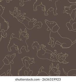 Seamless pattern of cute cartoon dogs on a brown background. Fun and playful design ideal for children’s products, textiles, wrapping paper, and digital projects.