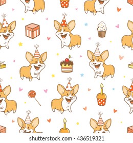 Seamless pattern with cute cartoon dogs breed Welsh Corgi Pembroke on  white  background.  Birthday gifts, balloons, sweets and party hats. Children's illustration. Vector little puppies.