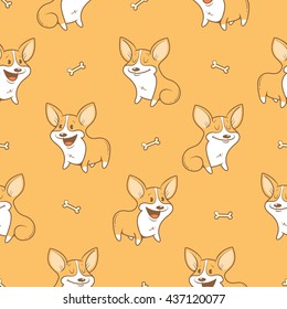 Seamless pattern with cute cartoon dogs breed Welsh Corgi Pembroke on  orange background. Little puppies and bones. Children's illustration. Vector image. Funny animals.