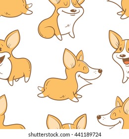 Seamless pattern with cute cartoon dogs breed Welsh Corgi Pembroke on white  background. Little puppies.  Children's illustration. Vector image. Funny animals.