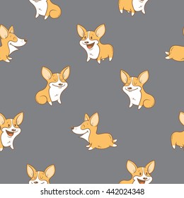 Seamless pattern with cute cartoon dogs breed Welsh Corgi Pembroke on gray  background. Little puppies.  Children's illustration. Vector image. Funny animals.